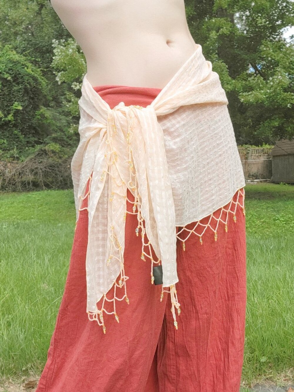 ₊☽🍑˚ .⋆ peach beaded trim scarf ⋆⁺₊🍑✧